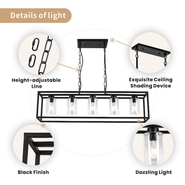 5-Light Black Dining Room Chandelier Hanging Light Fixture Modern Kitchen Island Bar Linear Lighting with Glass Shade