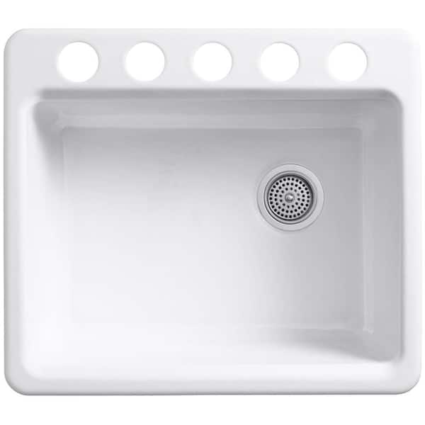 Riverby Undermount Cast Iron 25 in. 5-Hole Single Bowl Kitchen Sink in White with Basin Rack