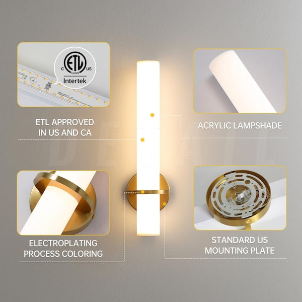 Modern LED Gold Wall Sconce with Frosted Cylindrical Acrylic Shade Dimmable Sconces Wall Lighting (Set of 2)