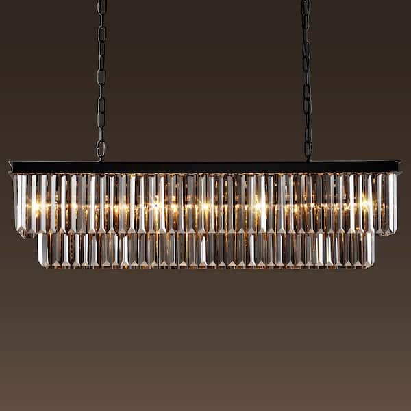 40 in. 7-Light Black Modern Matte Black Crystal Chandelier Linear Farmhouse Kitchen Island Dining Room Pendant Lighting