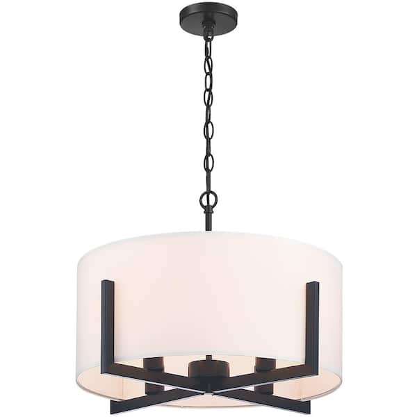 22 in. 4-Light Matte Black Chandelier Pendant Light with White Drum Shade