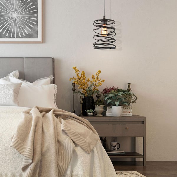 1-Light Industrial Farmhouse Bronze Pendant Geometric Lantern Cage Drum Island Pendant Light with Spiral Metal