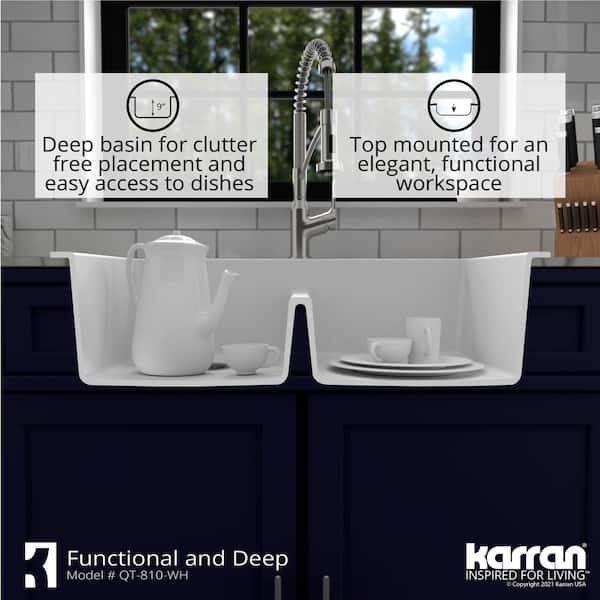 White Quartz 33 in. 50/50 Double Bowl Composite Drop-in Kitchen Sink