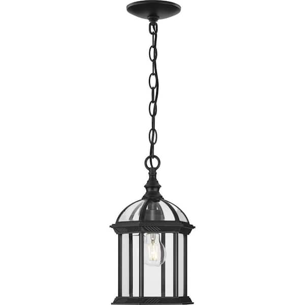 Dillard 1-Light Textured Black Pendant Light with Beveled Glass Shade Coastal Outdoor Hanging Lantern