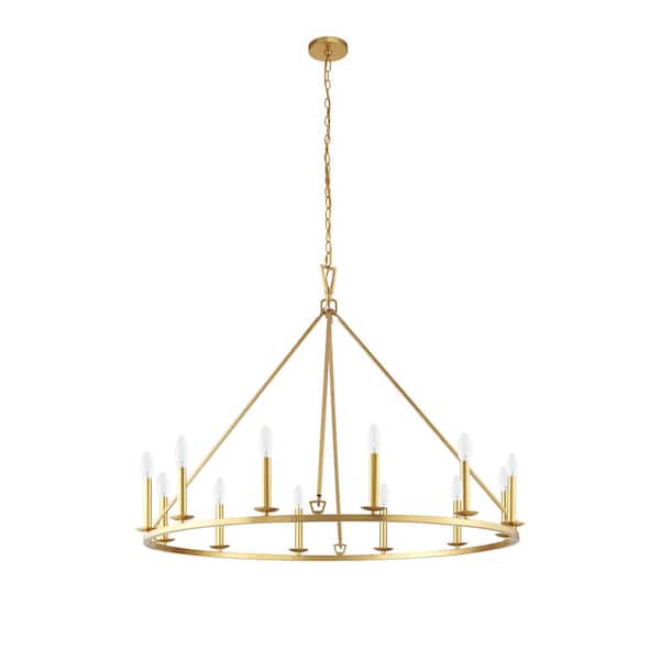 12-Light 40 in. Distressed Gold Wagon Wheel Chandelier