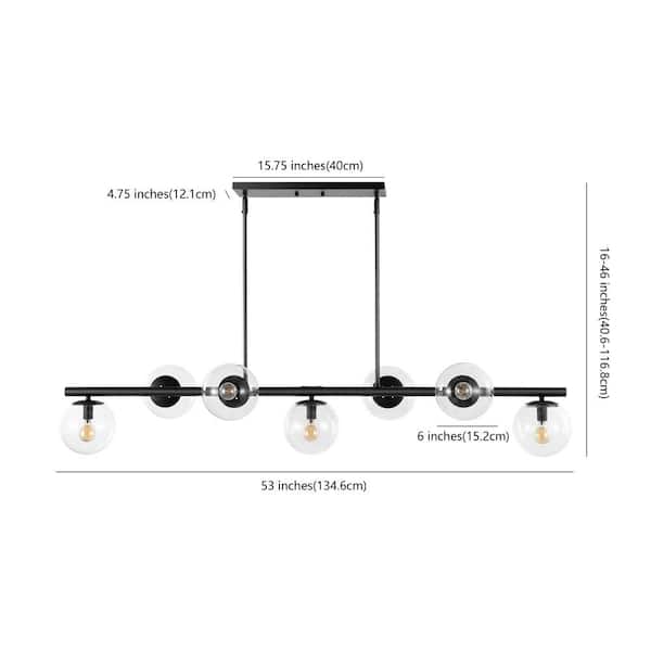 Luca Parisian 53 in. 7-Light Black/Clear Modern Glam Iron Globe Linear LED Pendant Light, Black