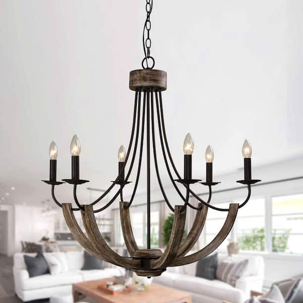 30 in. 6-Light Modern Distressed Black and Wood Farmhouse Candlestick Chandelier