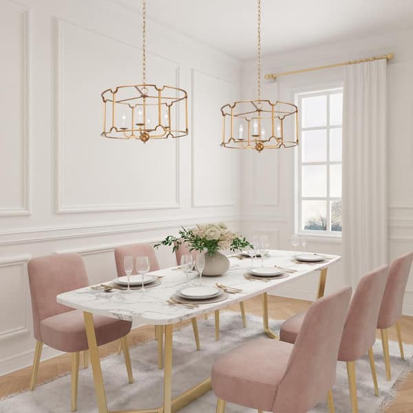 Modern Gold Drum Island Pendant Light 4-Light Brushed Gold Cage Dining Room Chandelier with Candle Style