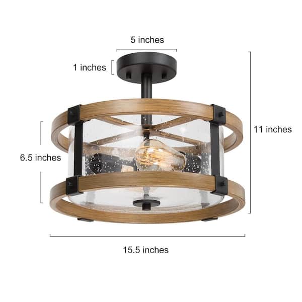 Drum Semi Flush Mount 2-Light Black Modern Bedroom Ceiling Lighting with Round Seedy Glass and Wood Grain Finish