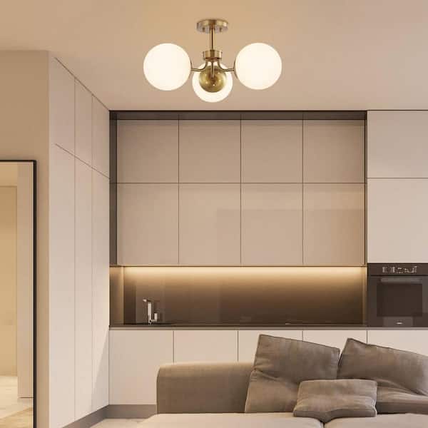 Olivier 23.5 in. 3-Light Brass Gold Bohemian Farmhouse Iron/Frosted Glass LED Semi Flush Mount, White