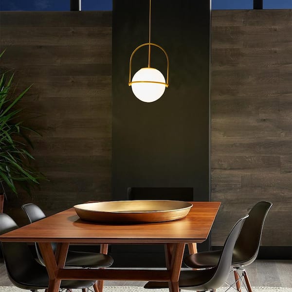 1-Light Antique Brass Sphere Shaded Pendant Light with Opal Glass Shade, No Bulbs Included