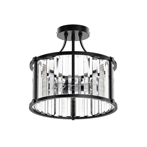 Modern 12.6 in. 3-Light Crystal Semi-Flush Mount Matte Black Close to Ceiling Light Fixtures