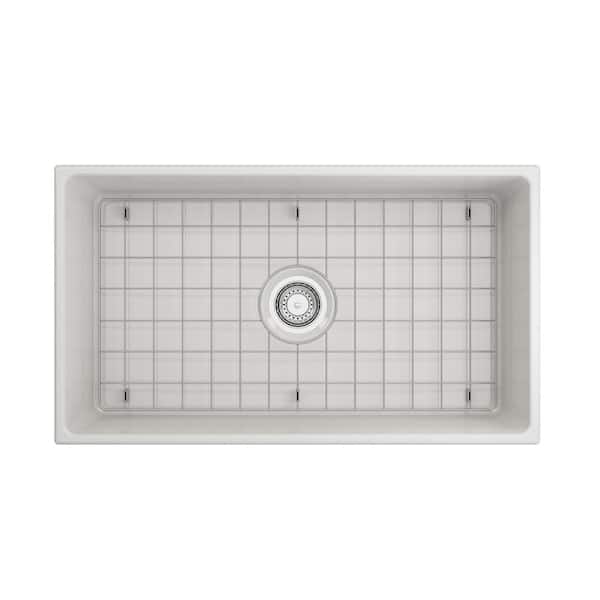 White Fireclay 33 in. Single Bowl Farmhouse Apron-Front Kitchen Sink with Grid