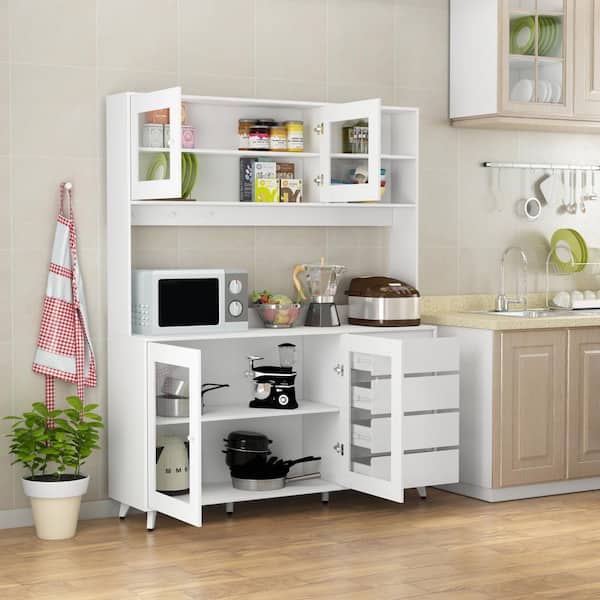 Glass Doors Large Pantry Kitchen Cabinet Buffet with 4-Drawers, Hooks, Open Shelves 74.8 in. H x 63 in. W x 15.7 in. D