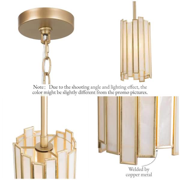 Modern Gold 1-Light Drum Pendant Light with Stained Glass Shade Cylinder Geometric Island Foyer Hanging Light