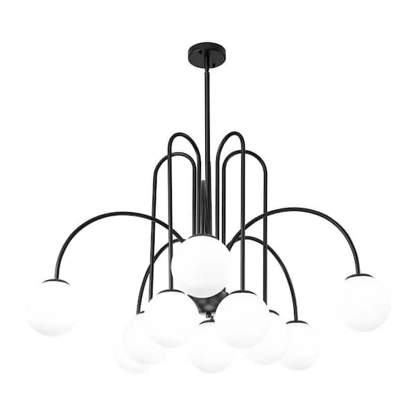 Erik 10-Light Black Unique Modern Elbow Sputnik Chandelier with Frosted White Glass Globe Bubble