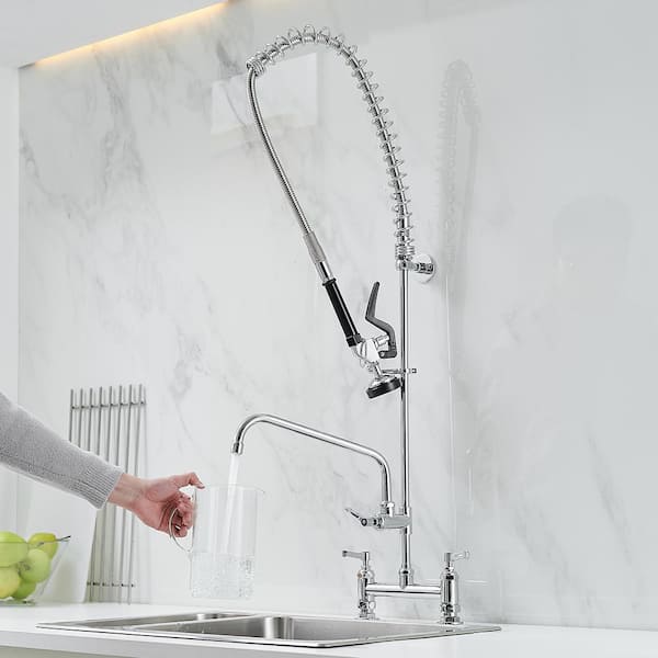 Commercial Restaurant Pull Down 2-Handle Wall Mount Pre-Rinse Spray Utility Kitchen Faucet in Polished Chrome