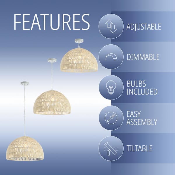 Campana 20 in. Woven Rattan Dome LED Pendant-Light, Cream