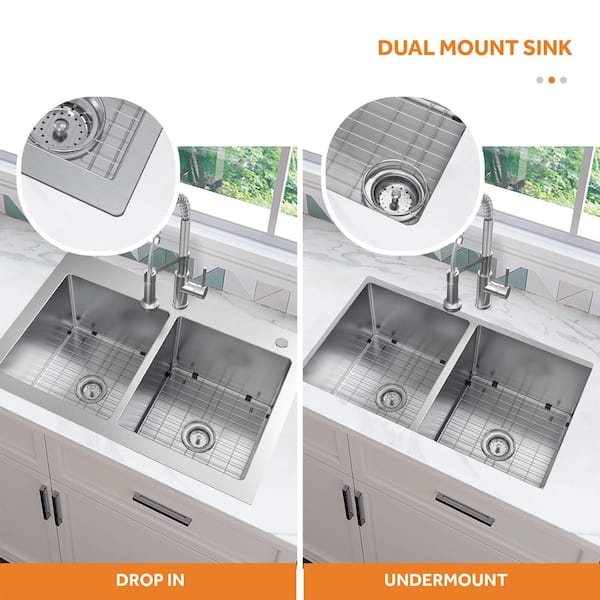 AIO Tight Radius Drop-In/Undermount 18G Stainless Steel 33 in. 50/50 Double Bowl Kitchen Sink with Spring Neck Faucet