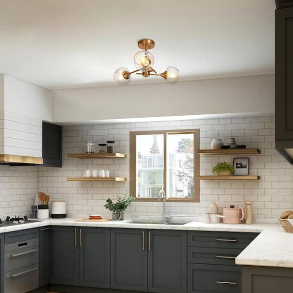 Modern Sputnik Ceiling Light 3-Light Electroplated Brass Semi-Flush Mount Light with Seeded Glass Shades