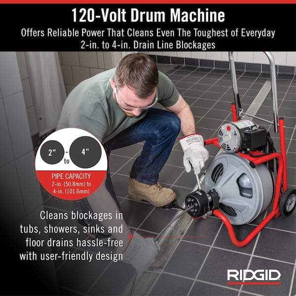 K-400 AutoFeed Drain Cleaning Snake Auger 120-Volt Drum Machine and C-45IW 1/2 in. x 75 ft. Cable + Tool Set & Gloves