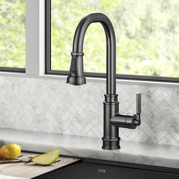Allyn Transitional Industrial Pull-Down Single Handle Kitchen Faucet in Spot-Free Black Stainless Steel
