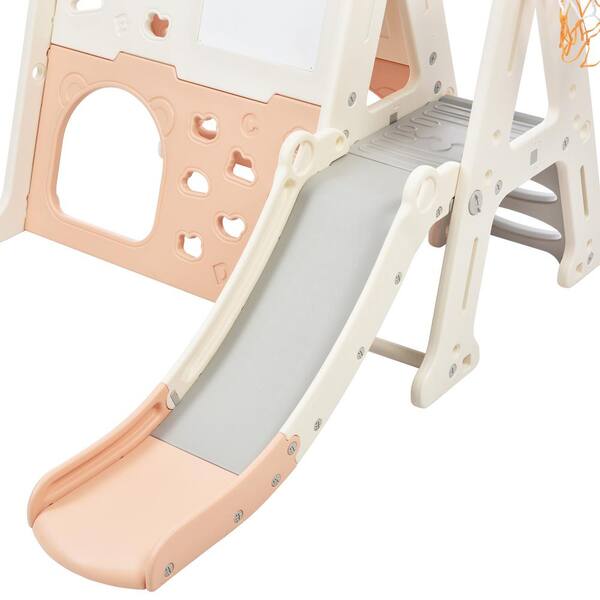 7-In-1 Light Pink HDPE Playset with Tunnel, Climber, Whiteboard, Toy Building Block Baseplates, Basketball Hoop