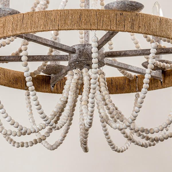 Farmhouse 6-Light Distressed White Wood Beaded Bohemia Chandelier with Adjustable Chain