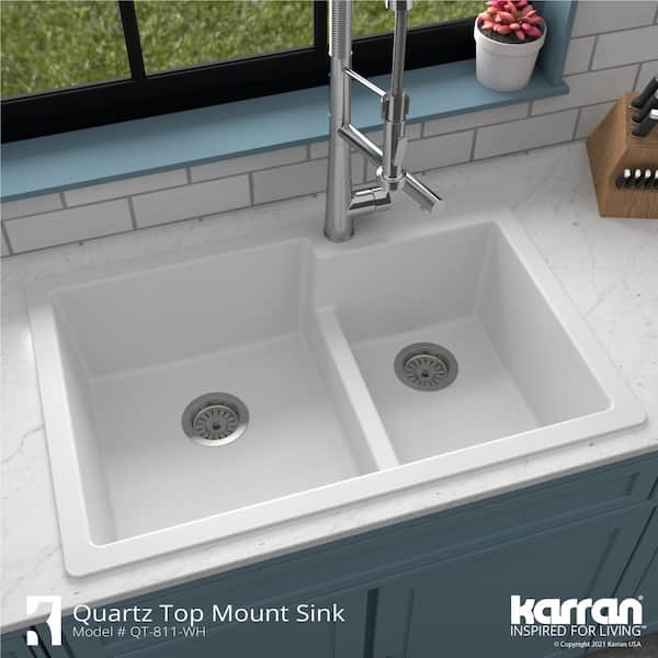 QT-811 Quartz 33 in. 60/40 Double Bowl Drop-In Kitchen Sink in White