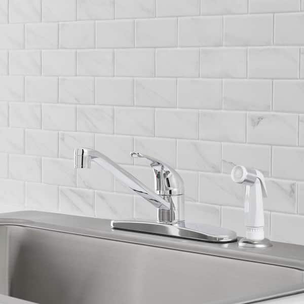 Single-Handle Standard Kitchen Faucet in Polished Chrome with White Side Sprayer
