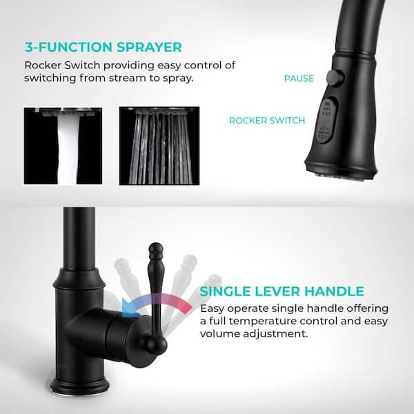 Easy-Install Single-Handle Pull-Down Sprayer Kitchen Faucet with Flexible Hose in Matte Black