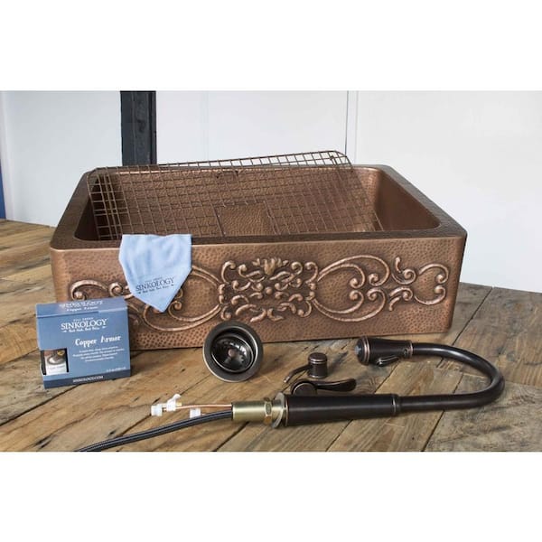 Ganku 33 in. Undermount Farmhouse Single Bowl 16 Gauge Antique Copper Kitchen Sink with Scroll