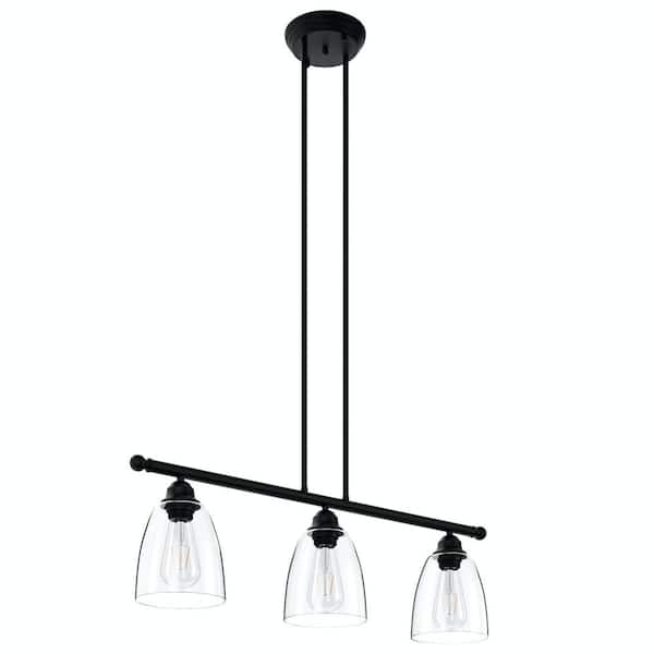 30 in. 3-Light Black Kitchen Island Linear Pendant Light Metal Farmhouse Chandeliers with Glass Shade