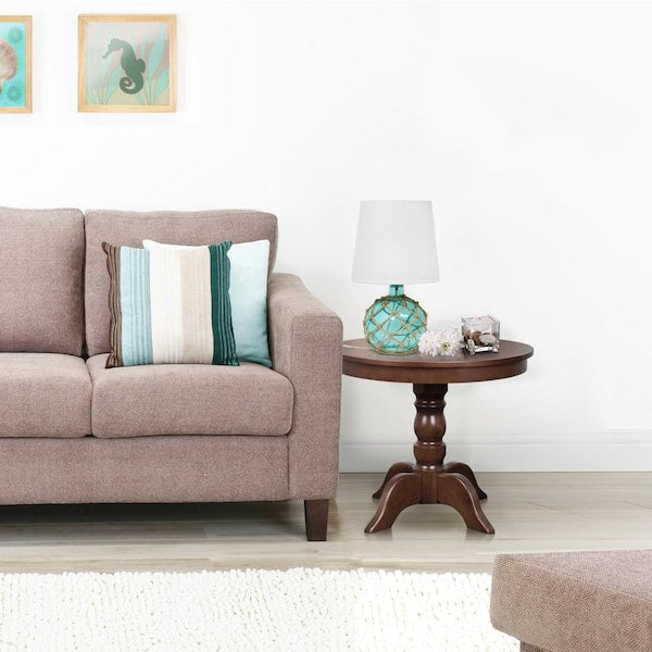 15.25 in. 1-Light Aqua Buoy Rope Nautical Netted Coastal Ocean Sea Glass Table Lamp with White Fabric Shade