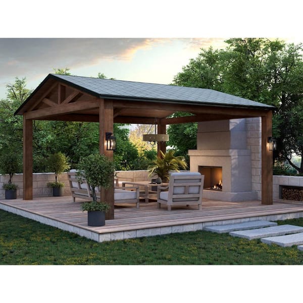 Pembroke Collection 3-Light 21.5 in. Matte Black Outdoor Pendant with Mocha Rattan Accents and Seeded Glass Shades