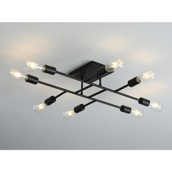 Modern 28 in. 8-Light Black Sputnik Linear Semi-Flush Mount Ceiling Lighting Fixture