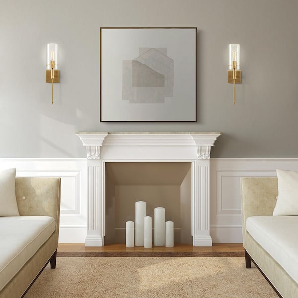 1-Light Gold Cylindrical Armed Sconce Set with Glass Shade (Set of 2)