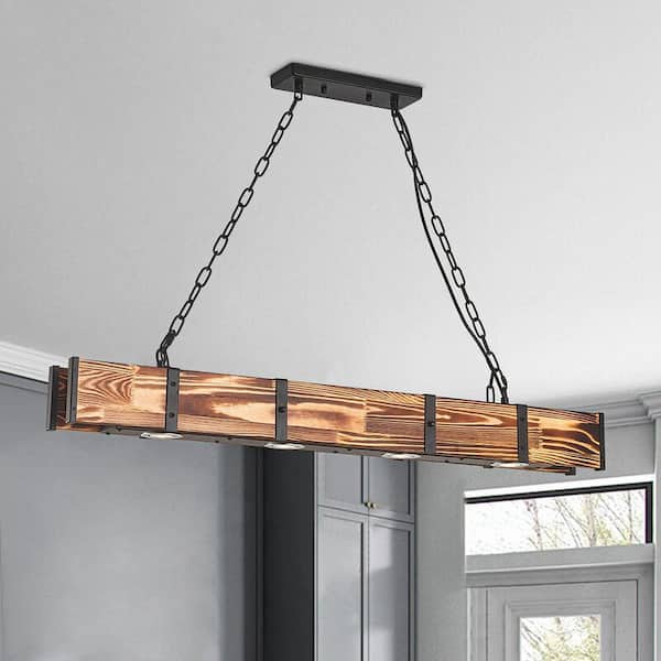 4-Light Wooden Kitchen Island Pendant Light,Modern Linear Lighting Fixture LED Ceiling Light for Kitchen Dining Room Bar