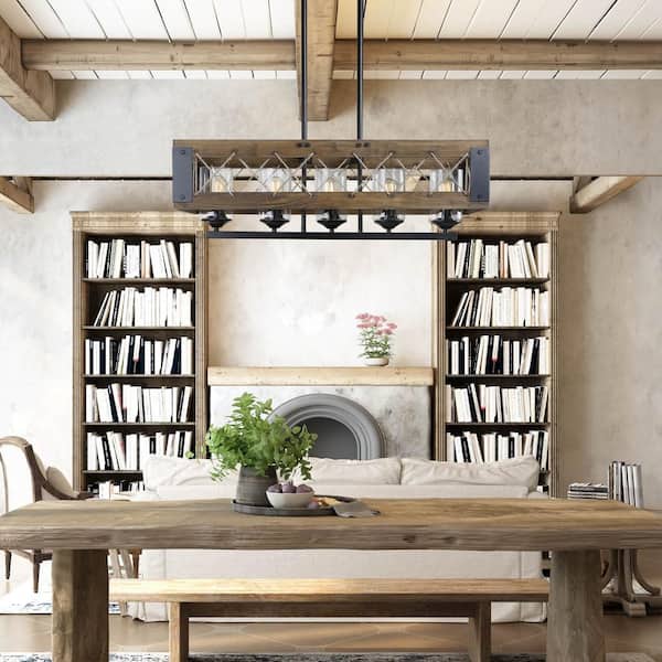 Wood Chandelier Black Farmhouse Island 5-Light Rectangular Cage Ropes Chandelier with Cylinder Clear Glass Shades