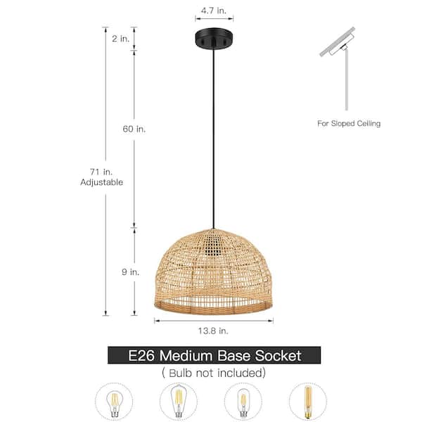 Bungalo 13.8 in. 1-Light Black/Wheat Bohemian Island Pendant with Natural Rattan Shade