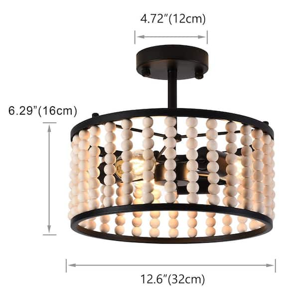 13 in. 3-Light Matte Black Wood Bead Semi-Flush Mount Ceiling Light Farmhouse Boho Light Fixture
