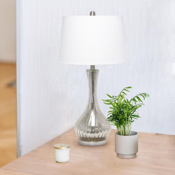 29 in. Speckled Mercury Tear Drop Table Lamp with White Fabric Shade