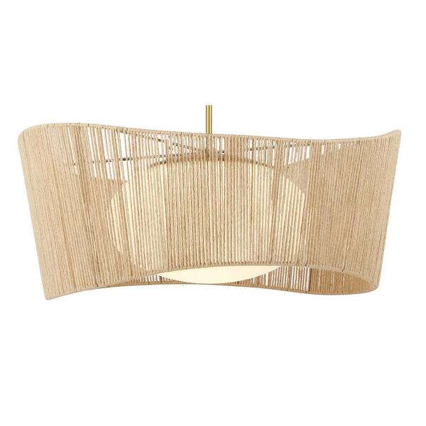 Key Largo 100-Watt 1-Light Soft Brass Shaded Pendant Light with Etched Opal Glass and Natural Rope Shade