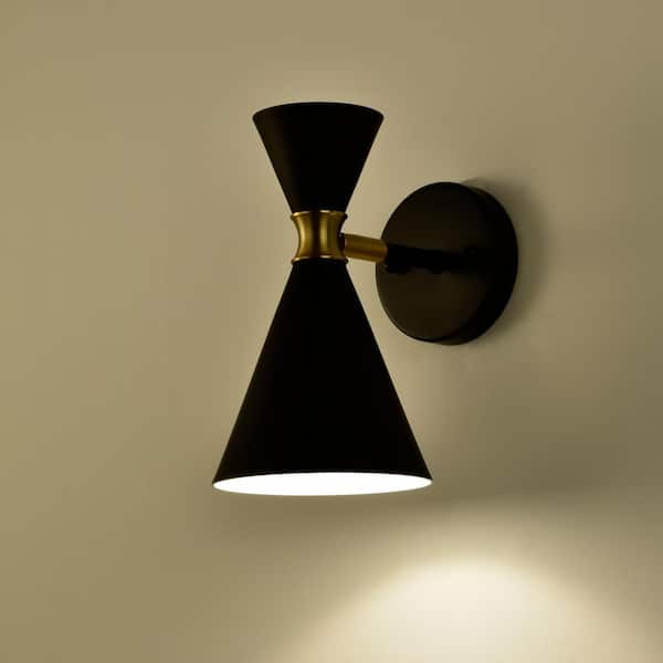 1-Light Black Wall Sconce with Brass Accents