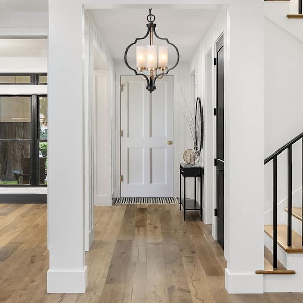 Modern 3-Light Black and Gold Chandelier with Glass Shade Candlestick Pendant Light