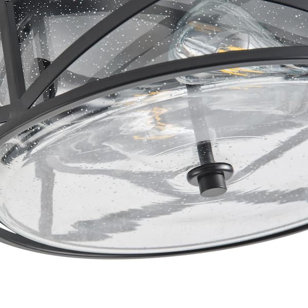 Industrial 13.77 in. 2-Light Black Farmhouse Flush Mount Ceiling Light with Seeded Glass Shade