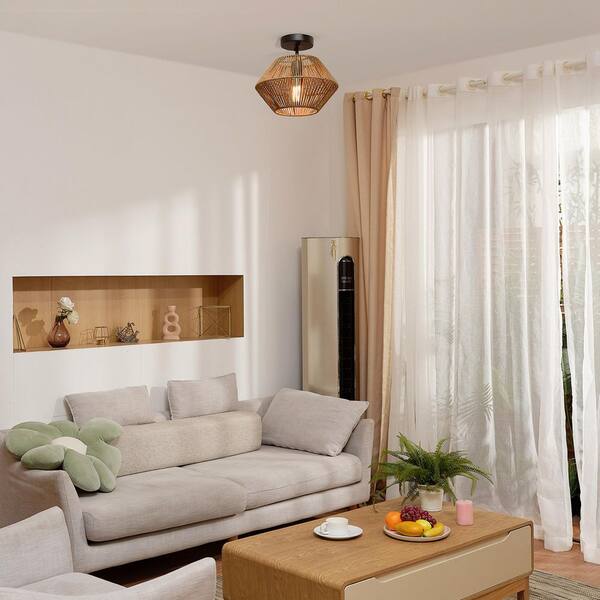 12 in. 1-Light Matte Black Flush Semi-Flush Mount Ceiling Light with Natural Twine Shade