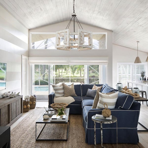 4-Light Distressed White Farmhouse Wood Drum Chandelier Hanging Pendant Light for Dining Room