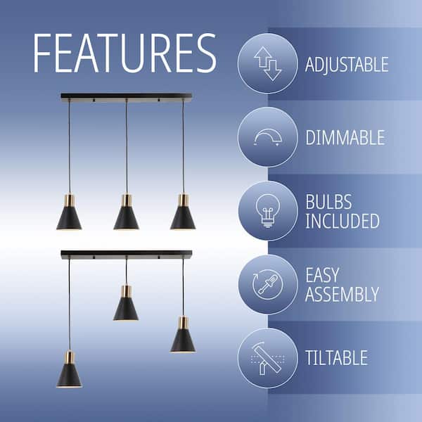 Apollo 33.5 in. 3-Light Adjustable Modern Metal LED Pendant, Black/Brass Gold