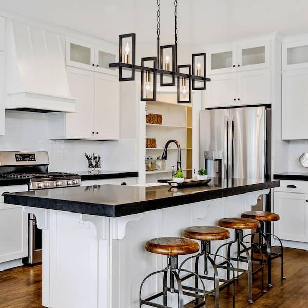 Modern Rectangle Dining Table Chandelier Transitional 5-Light Black and Brass Kitchen Island Candlestick Chandelier